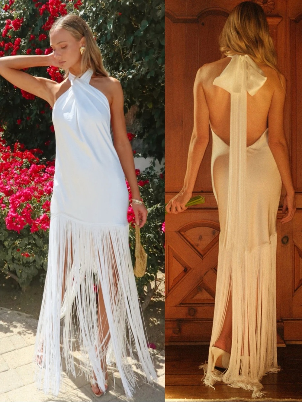 NEW NWT Show Me Your Mumu Jasmine Fringe Halter Maxi Dress Ivory Luxe Satin
